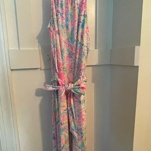 NWOT Pulitzer Midi Dress with Tie Sash. Size Small. Pink and Aqua pattern.